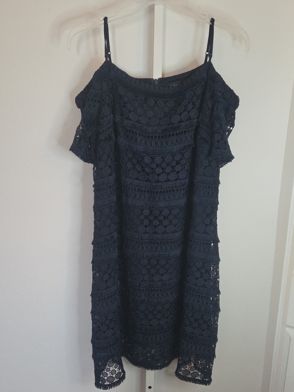 Tahari Arthur S. Levine Navy Blue Crochet Lace Cold Shoulder Shift Dress Sz 14